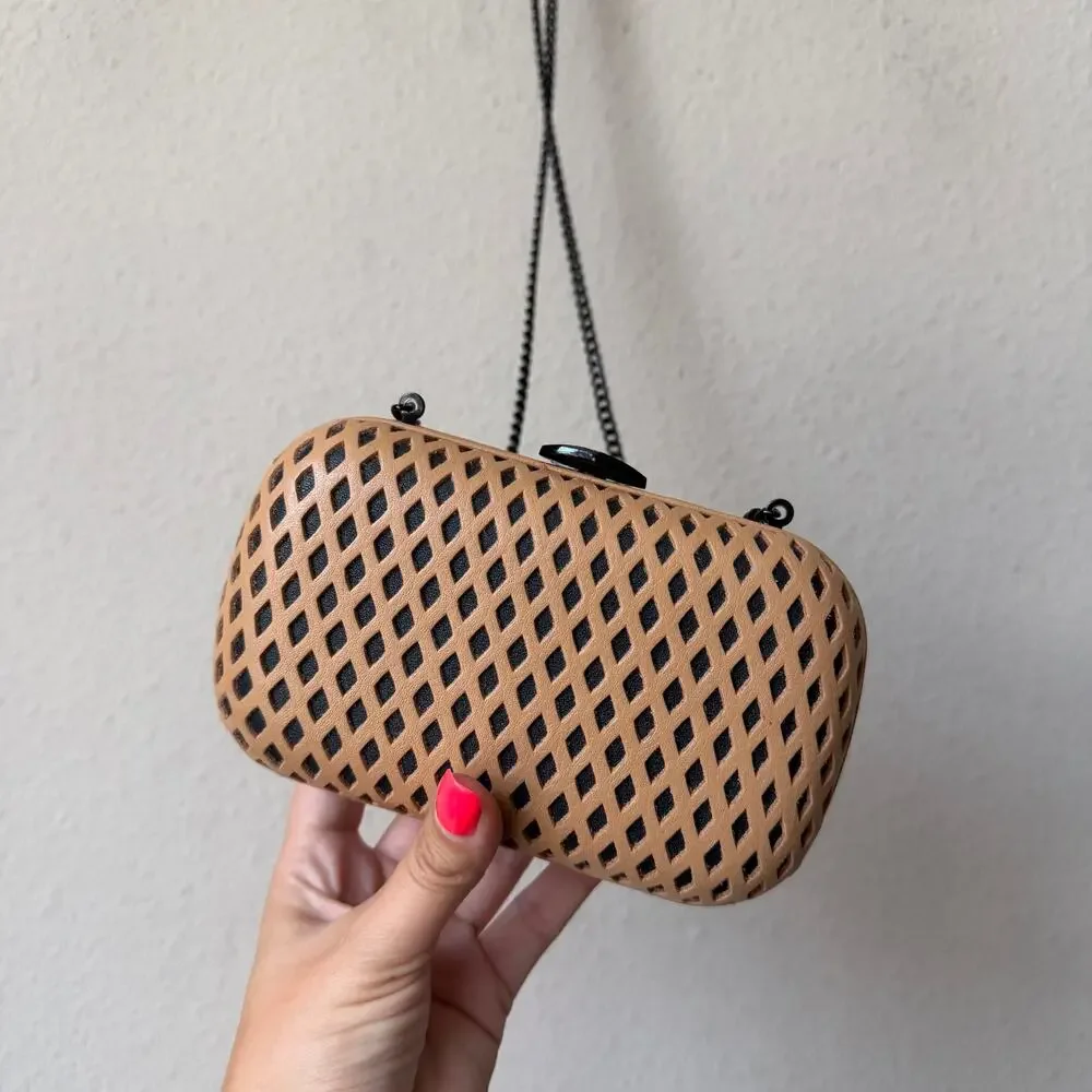 Loeffler Randall Laser Cut Leather Minaudière Clutch in Camel Black